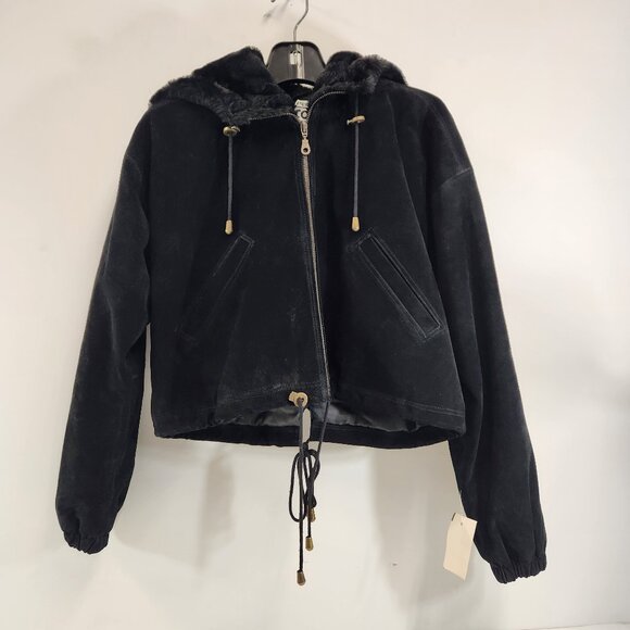 Vintage Pelican Cove Cropped Black Suede Hooded Bomber Jacket Size Small NWT - Picture 1 of 15